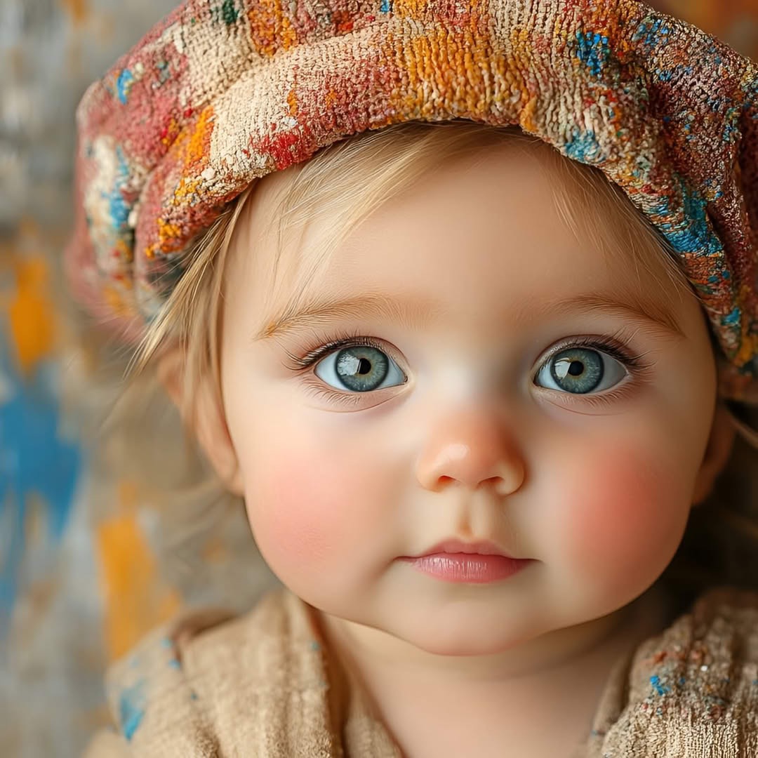 Portrait of young child with blue eyes wearing colorful knit hat