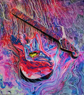 Abstract painting of a melting bass guitar with swirling pink, purple, and blue colors