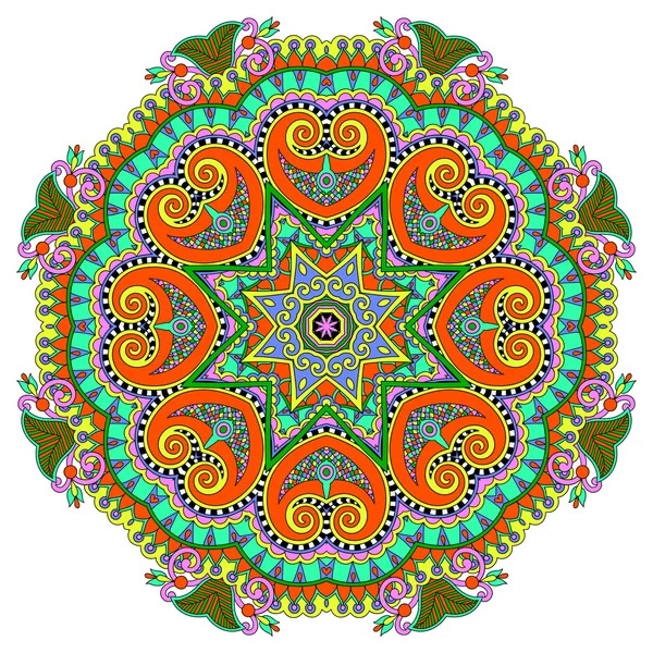 Colorful symmetrical mandala with paisley patterns, flowers, and geometric center in orange, turquoise, and green