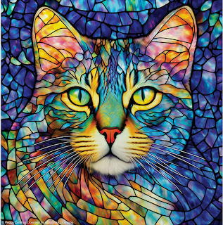 Cat portrait with rainbow stained glass mosaic pattern, yellow eyes, and colorful geometric background
