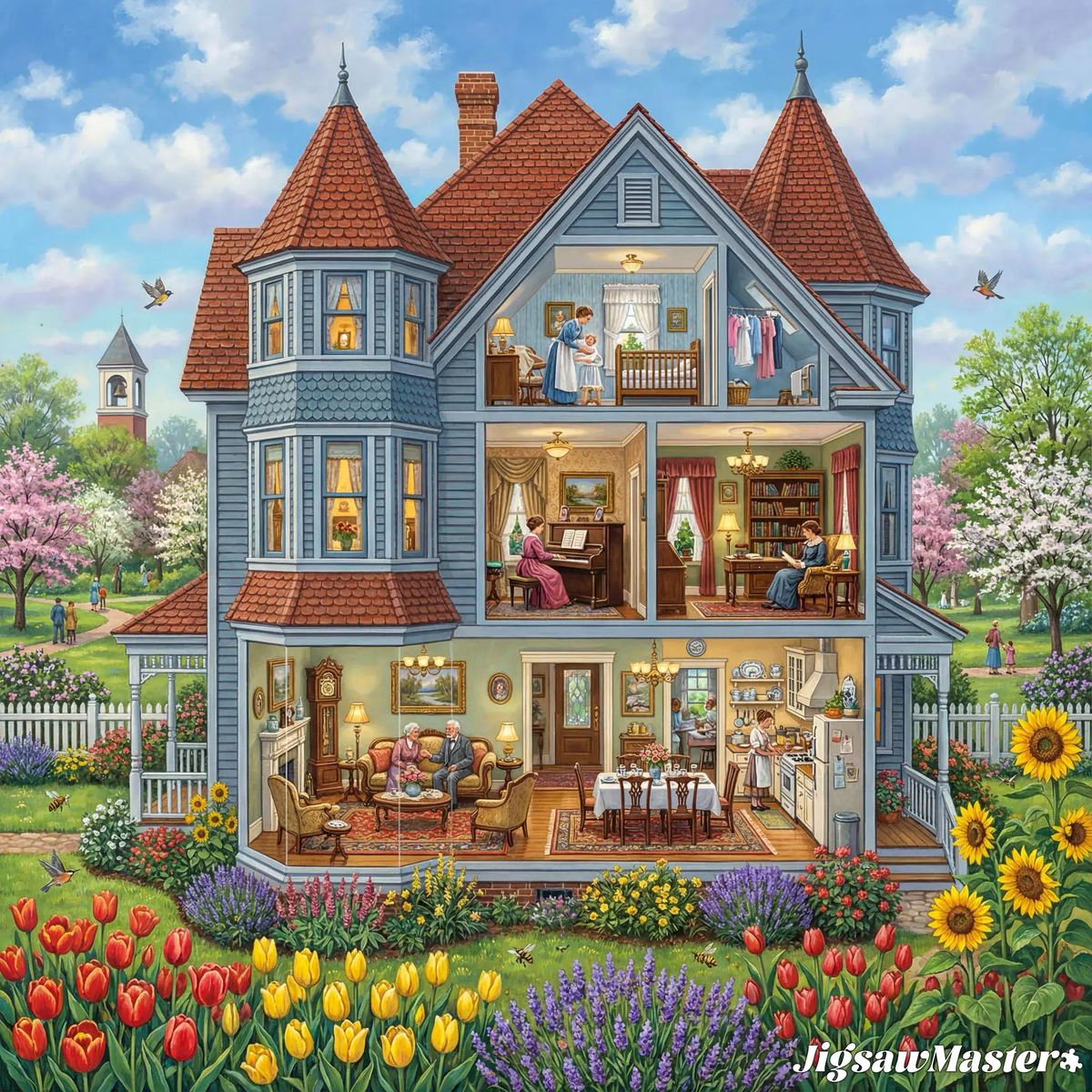 Cross-section of Victorian dollhouse showing three furnished floors with red roof and garden