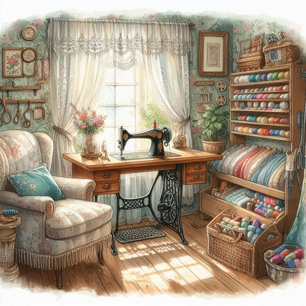 Cozy vintage sewing room with antique sewing machine, lace curtains, thread storage shelves, and comfortable seating