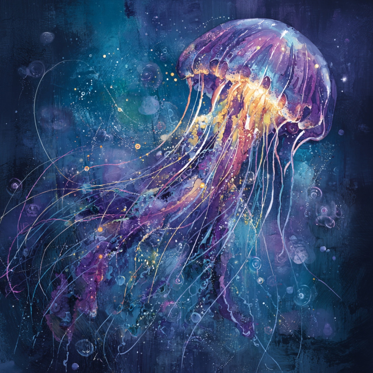 Colorful glowing jellyfish with long flowing tentacles in deep blue water