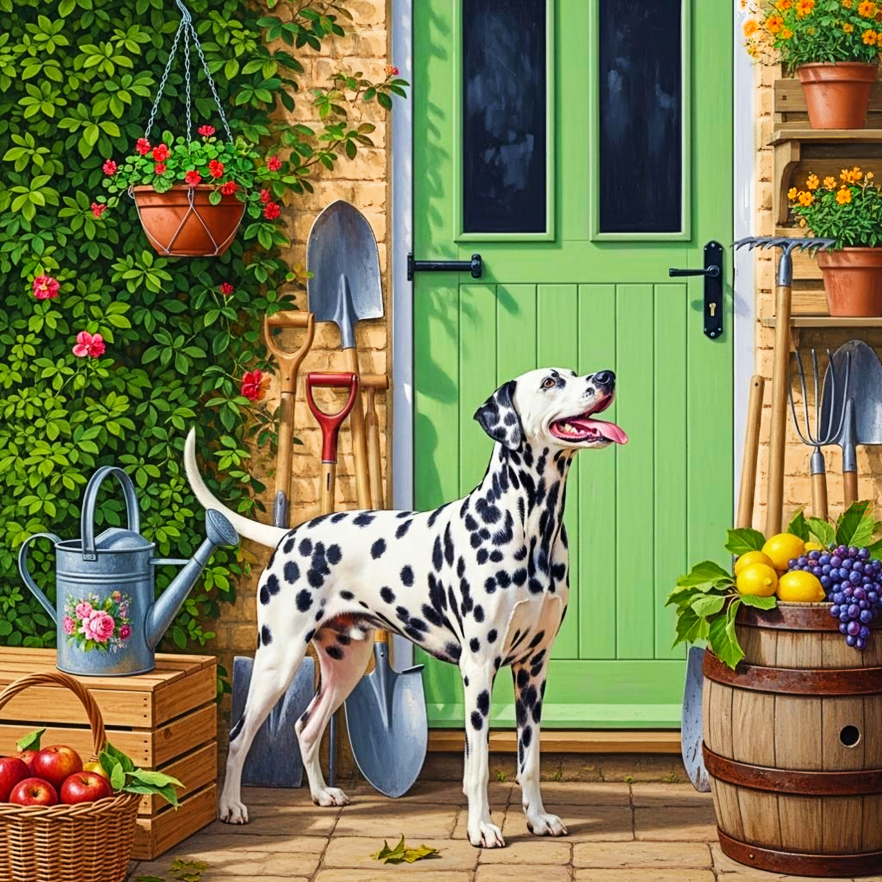 Dalmatian dog sitting by green cottage door with flowers and garden tools