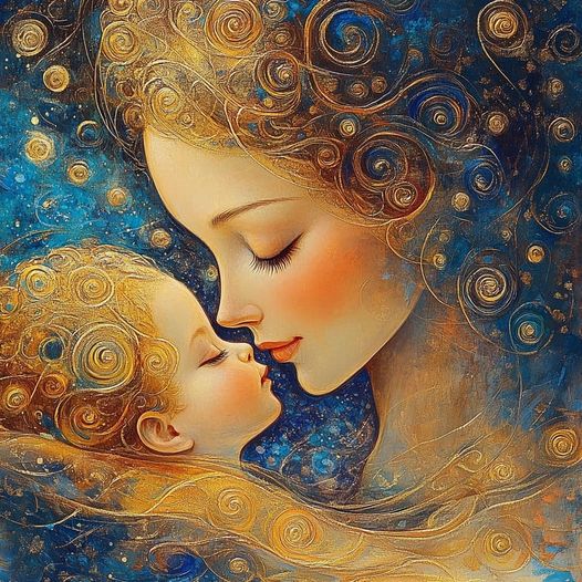 Stylized painting of a mother and child touching noses amid swirling blue and gold patterns