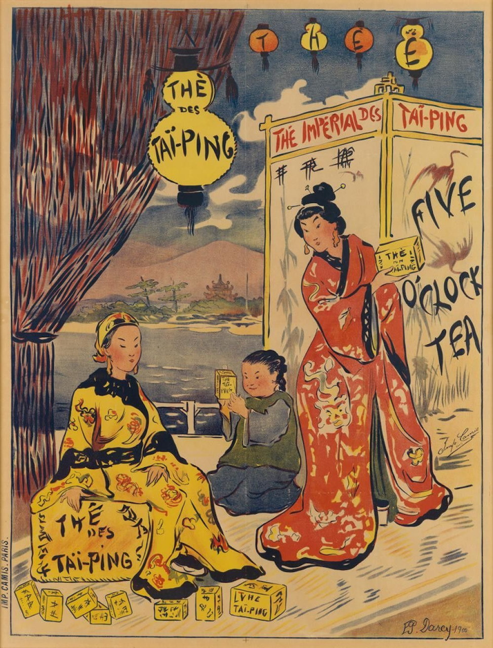 Vintage illustrated tea poster with two women, a child, and tea packaging