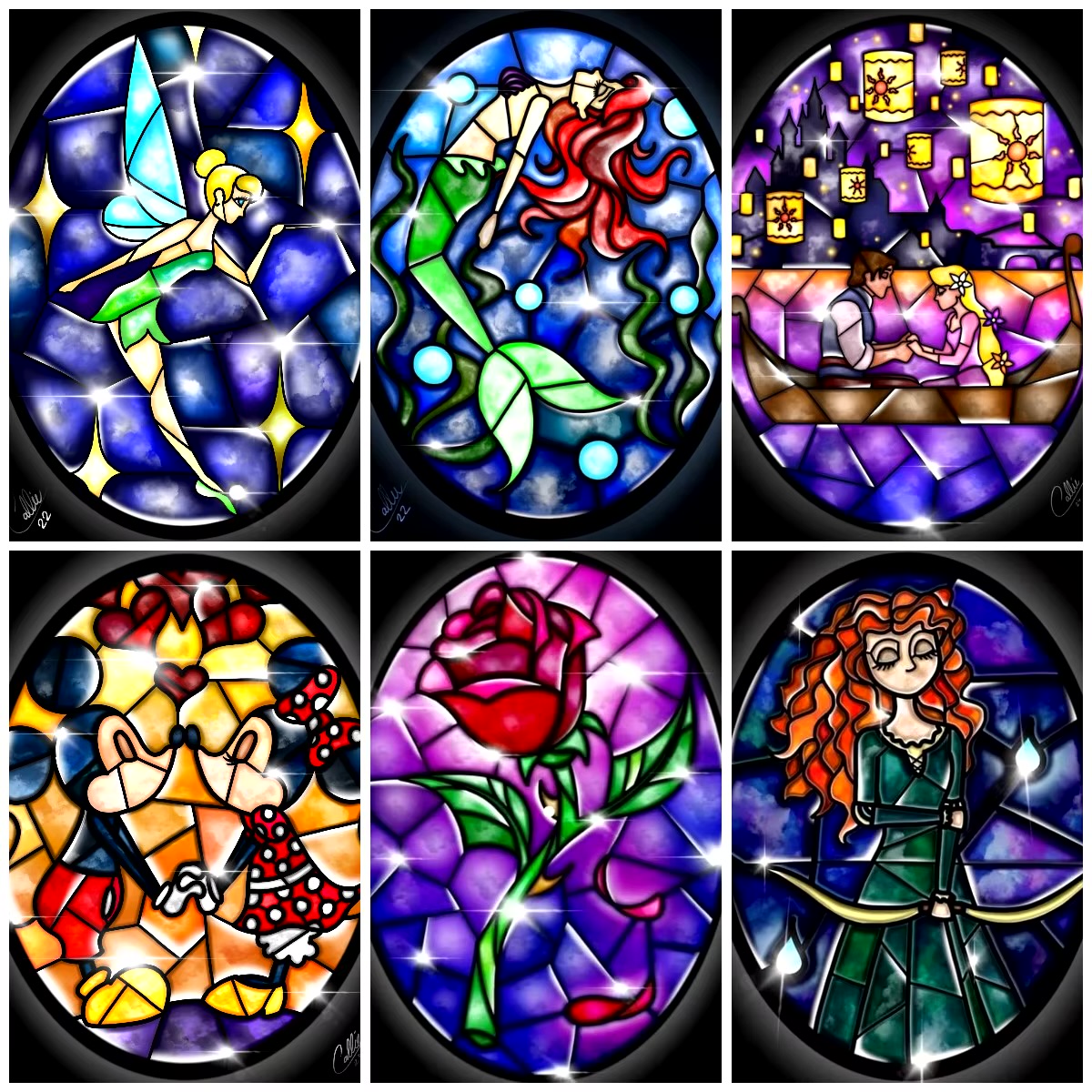 Grid of six ornate stained glass window designs with various subjects in jewel tones