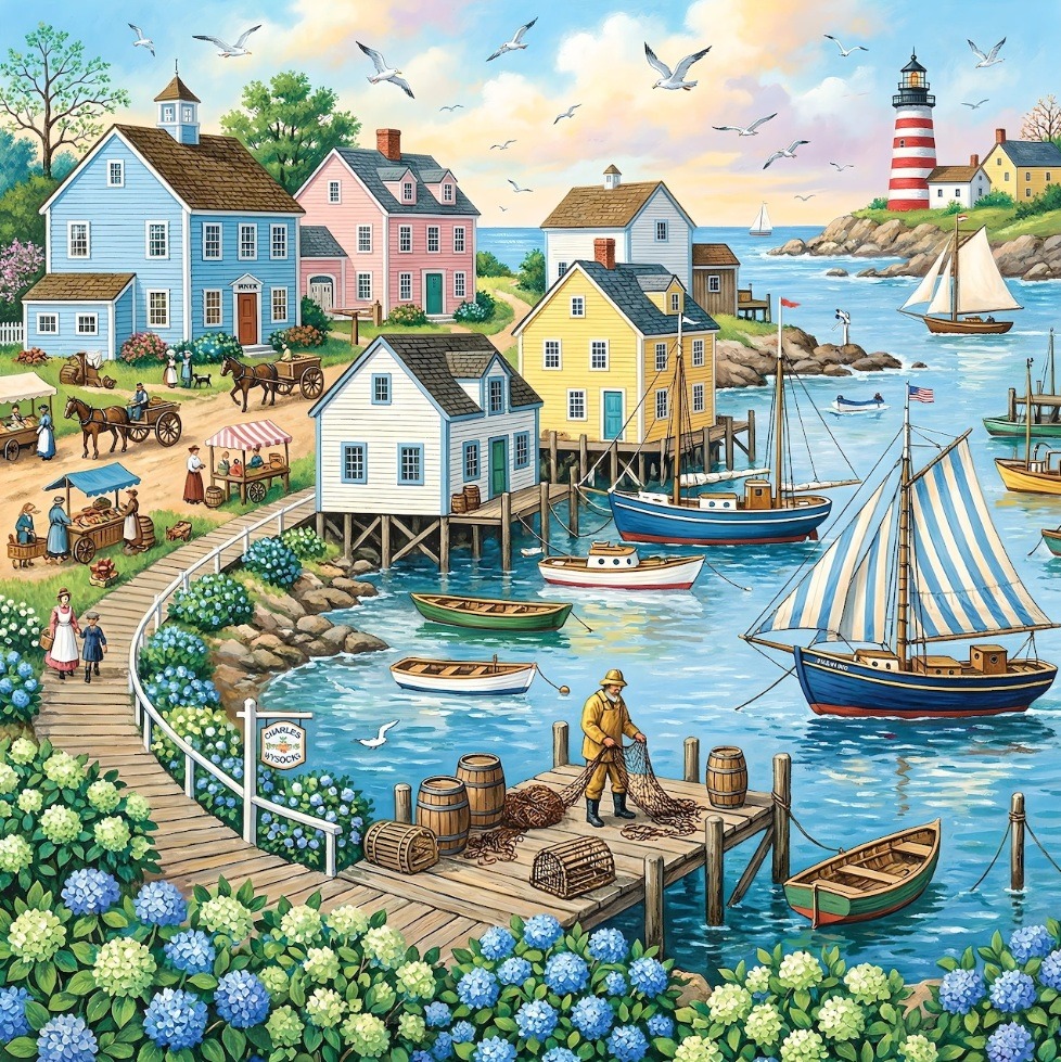 Illustrated coastal fishing village with houses, boats, lighthouse and harbor