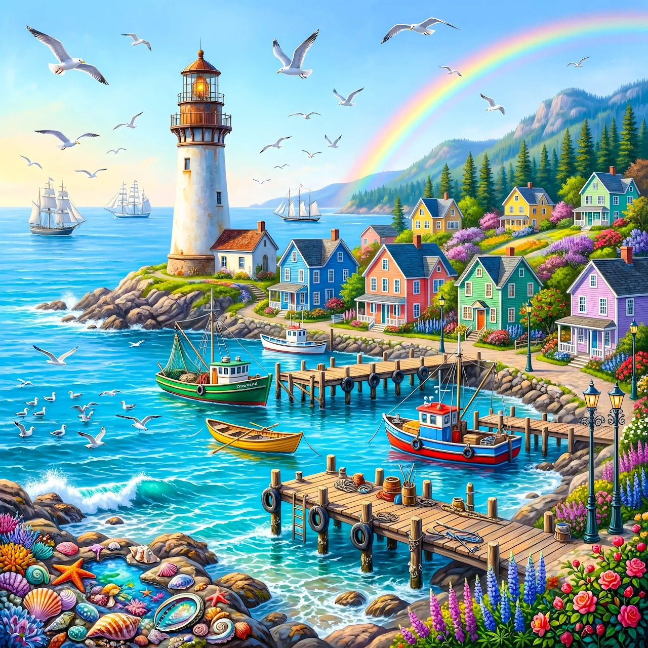 Colorful coastal village with lighthouse, pier, boats, seagulls, and rainbow over ocean bay with mountains