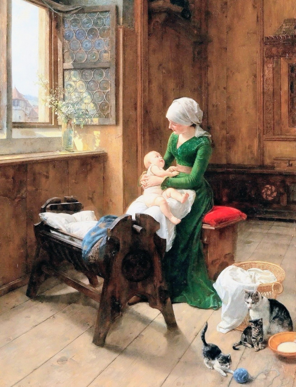Painting of a seated woman holding a baby indoors, with a dog, cradle, and cat nearby
