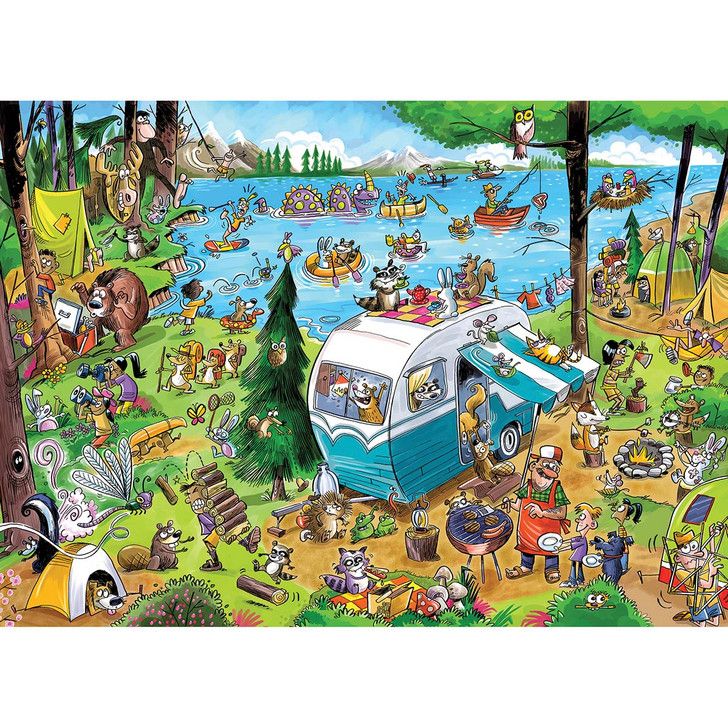 Cartoon illustration of busy lakeside camping scene with people, boats, and a blue camper van