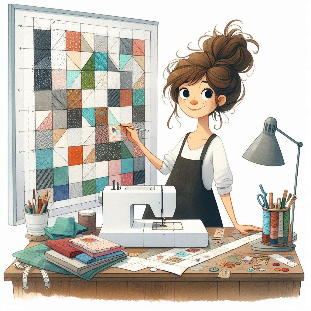 Cartoon girl with bun hairstyle pointing at a patchwork quilt board in a sewing studio with sewing machine