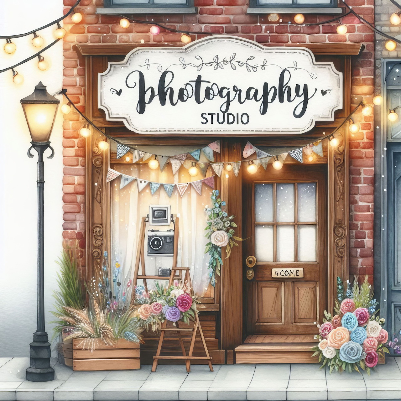 Illustrated brick photography studio storefront with flowers, vintage camera, and glowing string lights