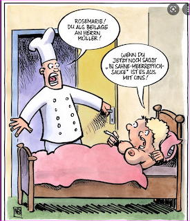 Cartoon of a chef in white hat standing beside a bed with a woman under pink blanket, German speech bubbles