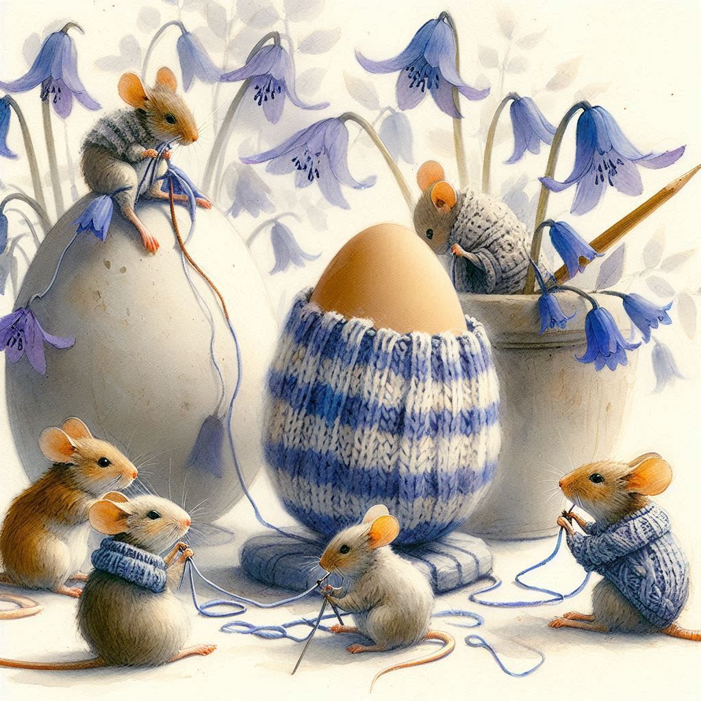 Easter eggs in blue knit holders surrounded by small bunny figurines and blue bellflowers
