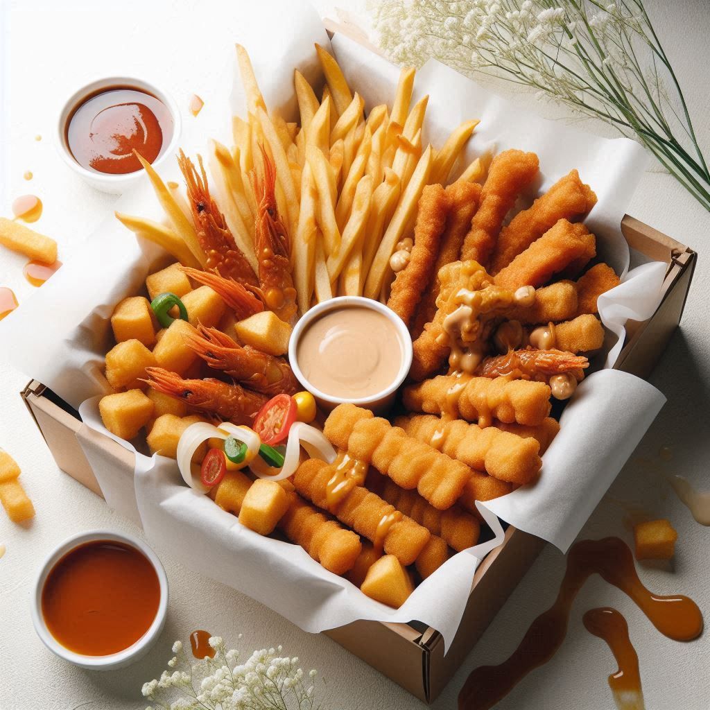 Fried appetizer platter with fries, chicken tenders, and dipping sauces in white serving box