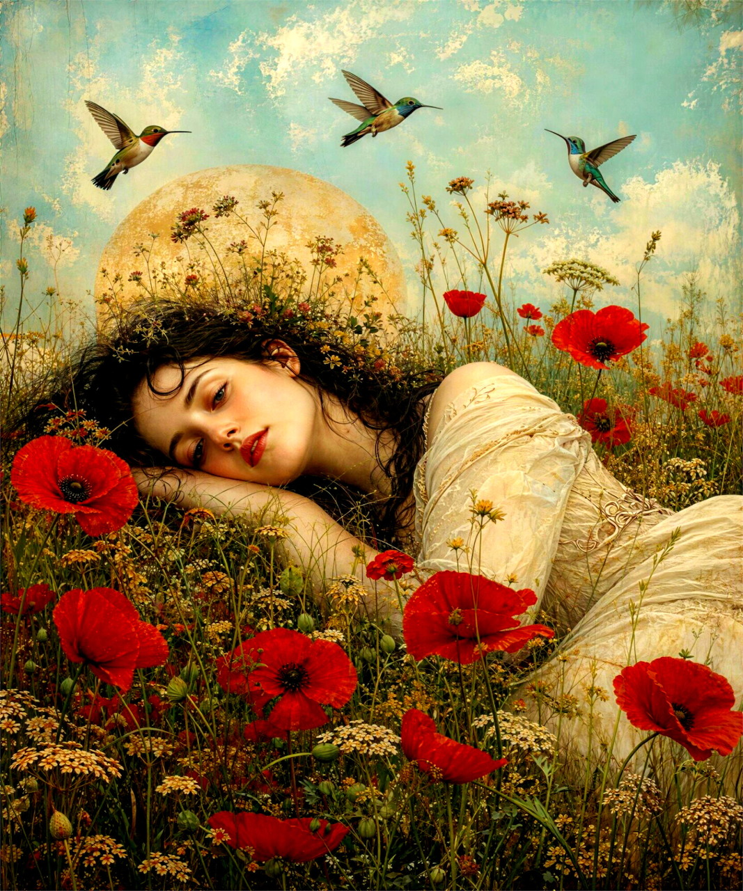 Painting of a sleeping woman in a meadow of red poppies with hummingbirds overhead