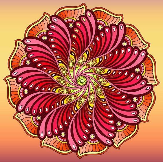 Ornate mandala with pink swirling petals and orange accents on gradient background