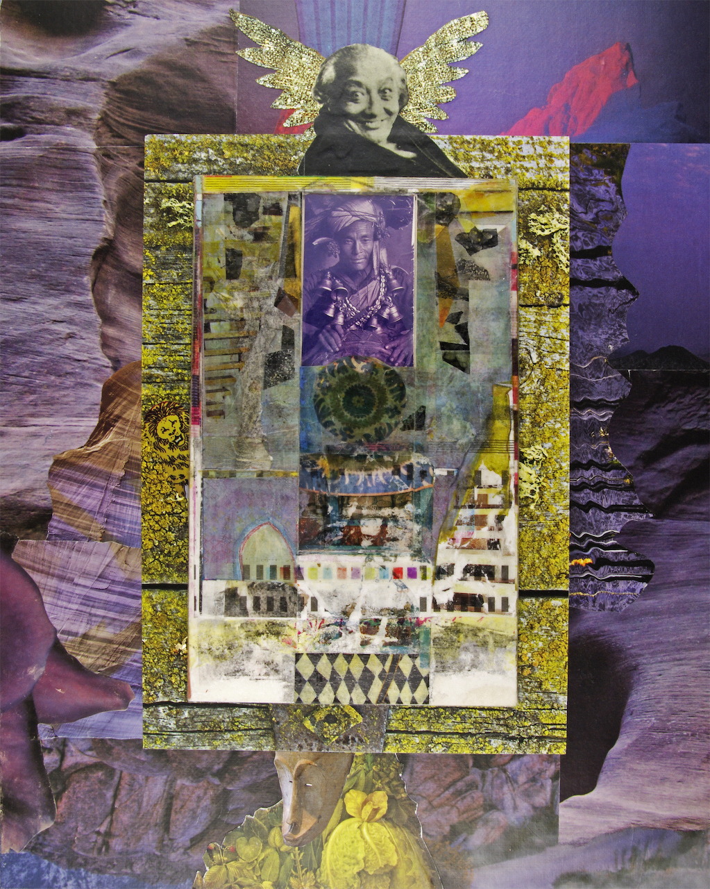 Mixed-media collage with layered figures, gold wings, architecture, and decorative patterns in purple and gold