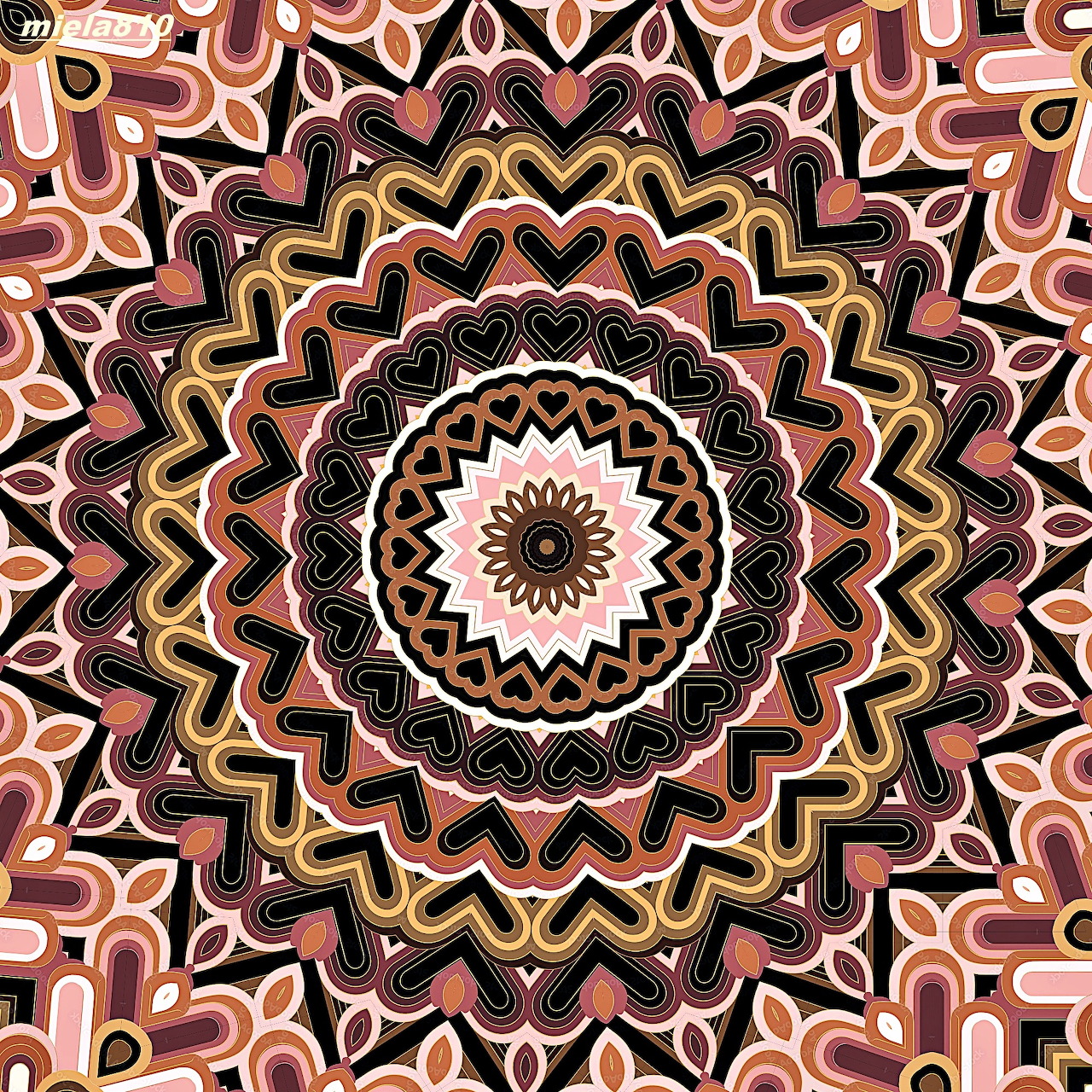 Ornate mandala with geometric patterns in coral, beige, and black tones radiating from center