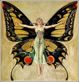 Woman in flowing green dress with ornate yellow and black butterfly wings, vintage illustration style