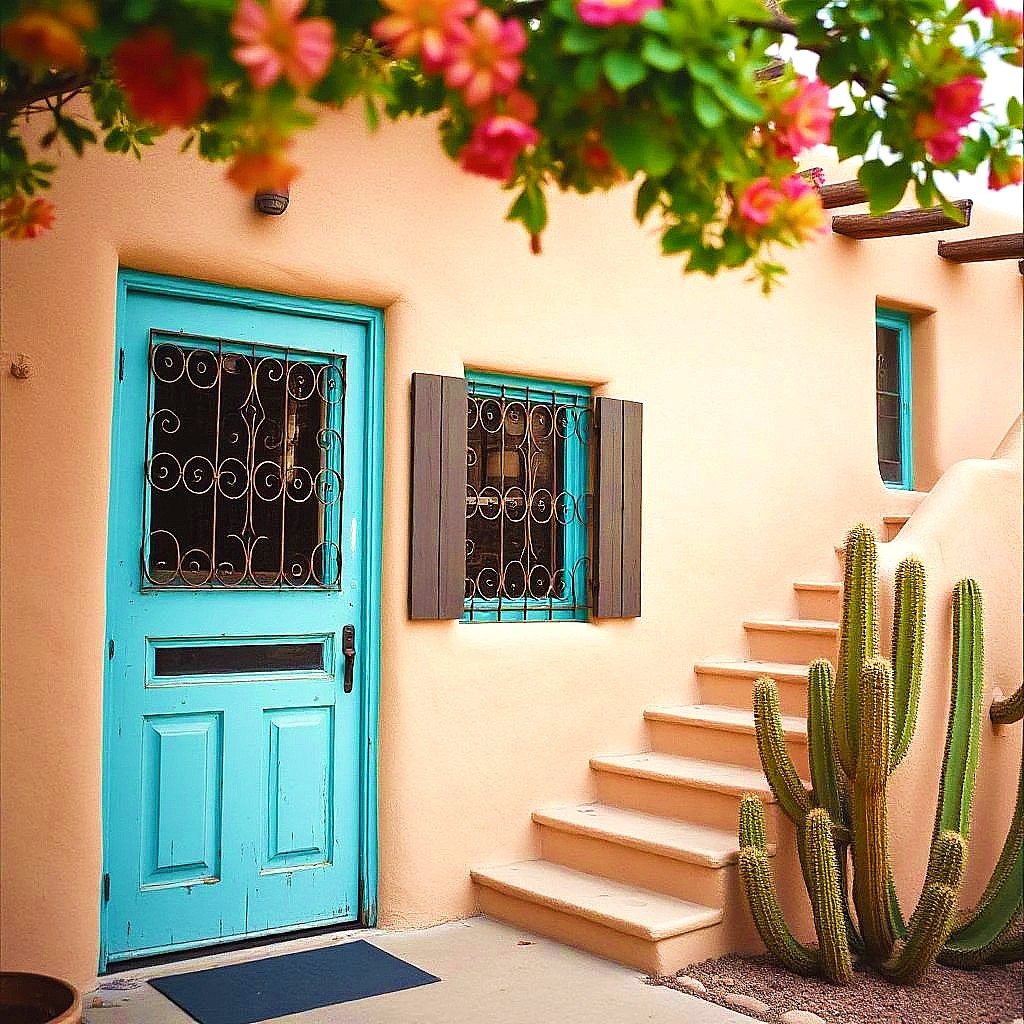 Southwestern pueblo house with turquoise door, decorative iron windows, terracotta steps, cactus and colorful flowers