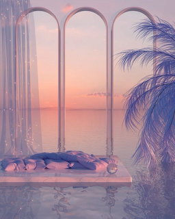 Sureal vaporwave pool scene with arched windows, pastel sunset over ocean, palm tree, and cushions