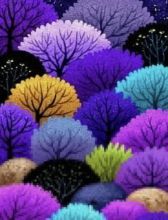 Colorful stylized trees in purple, blue, yellow and green with sparkles on dark background