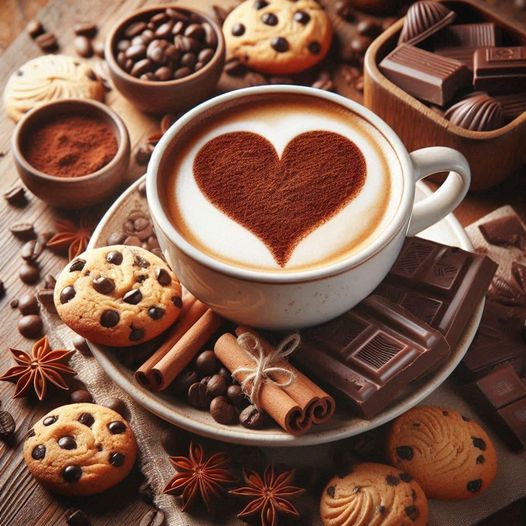 Coffee cup with heart latte art, chocolate, cookies, and coffee beans arranged around it