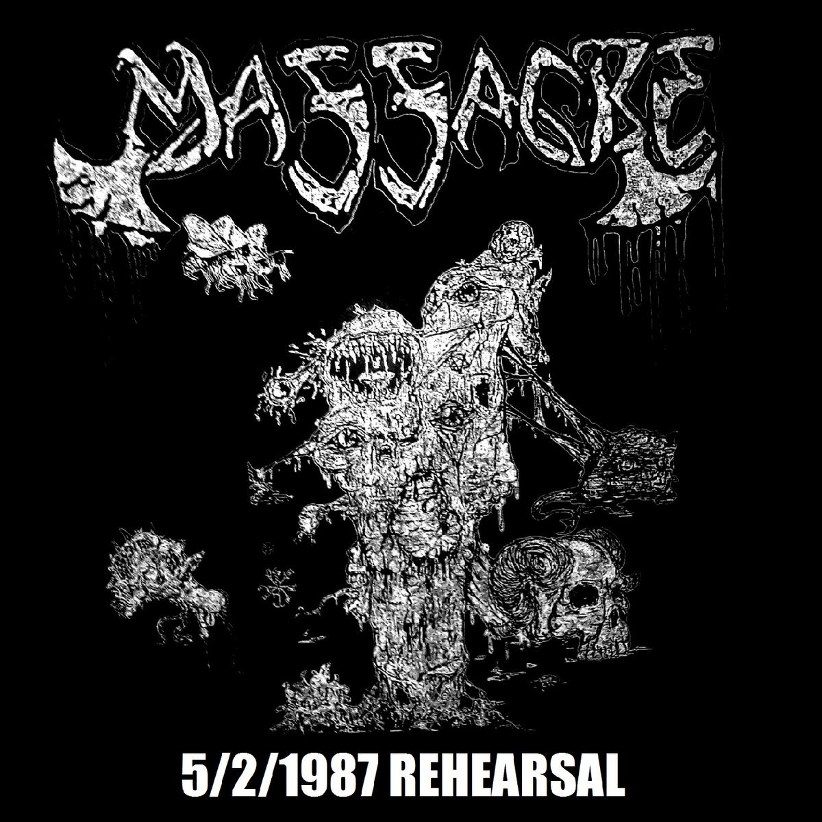 Black-and-white cover art reading Massacre with a grim skeletal illustration and 5/2/1987 Rehearsal text