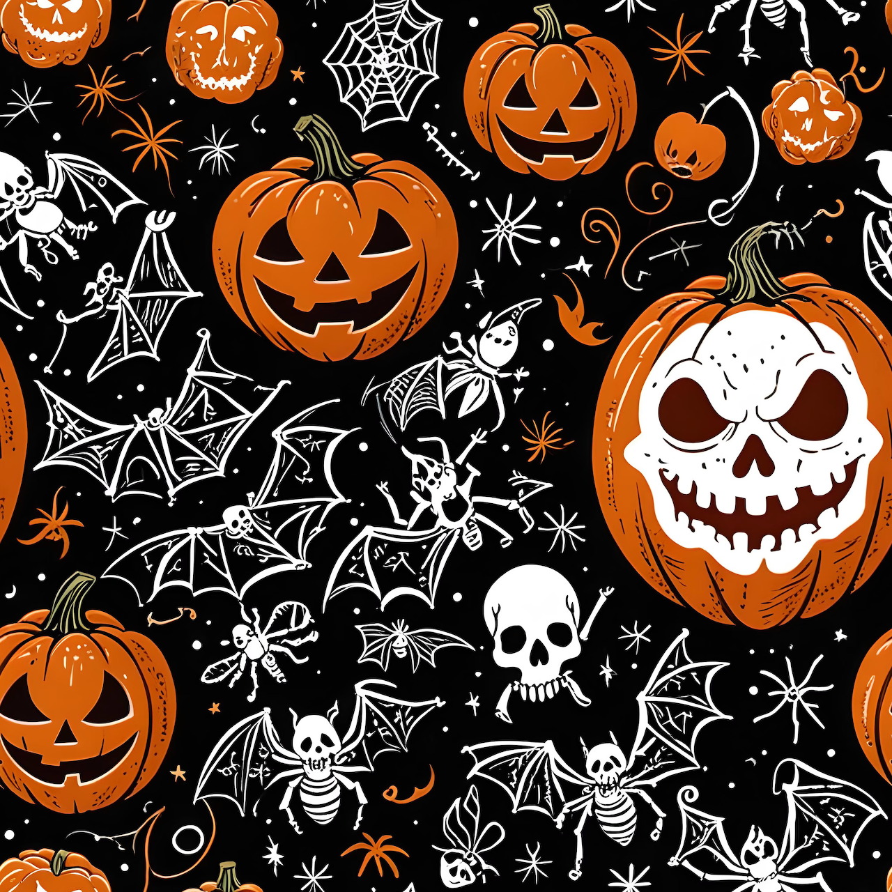 Halloween pattern with jack-o-lanterns, bats, skulls, spiders and webs on black background