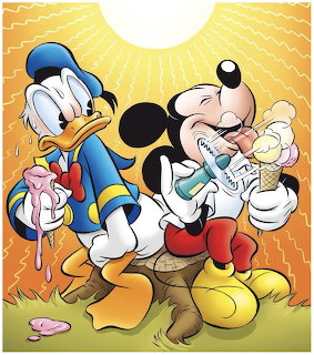 Mickey Mouse and Donald Duck holding melting ice cream cones under bright sun with radiating rays