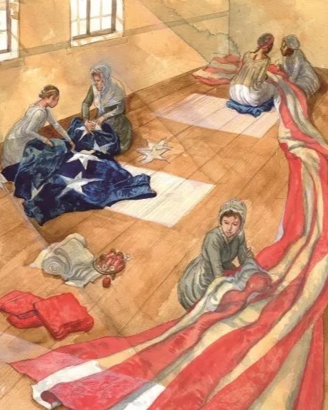 Watercolor painting of women sewing a large American flag on a wooden floor indoors