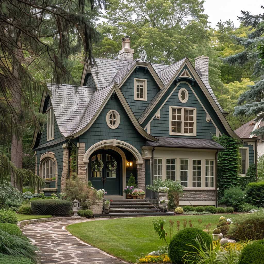 Tudor style house with blue exterior and stone details in forest setting