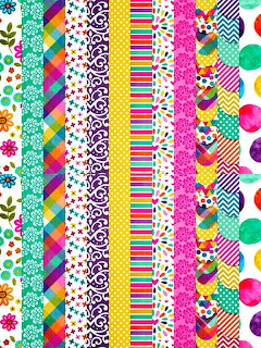 Vertical strips of colorful patterns including geometrics, florals, polka dots, and stripes in bright rainbow hues