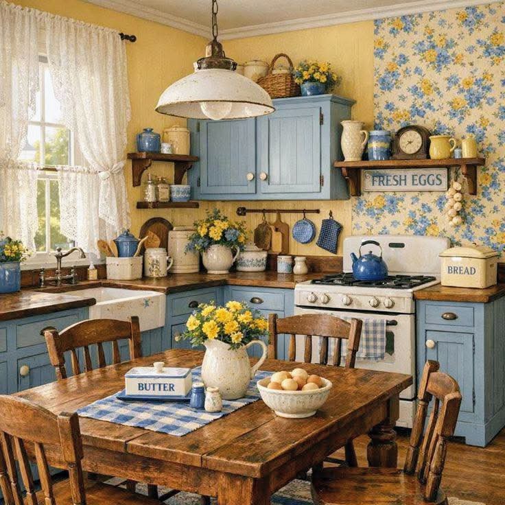 Vintage country kitchen with blue cabinets, yellow floral wallpaper, and wooden table with flower centerpiece