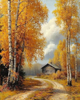 Painting of a wooden cabin surrounded by birch trees with golden autumn foliage and a dirt path