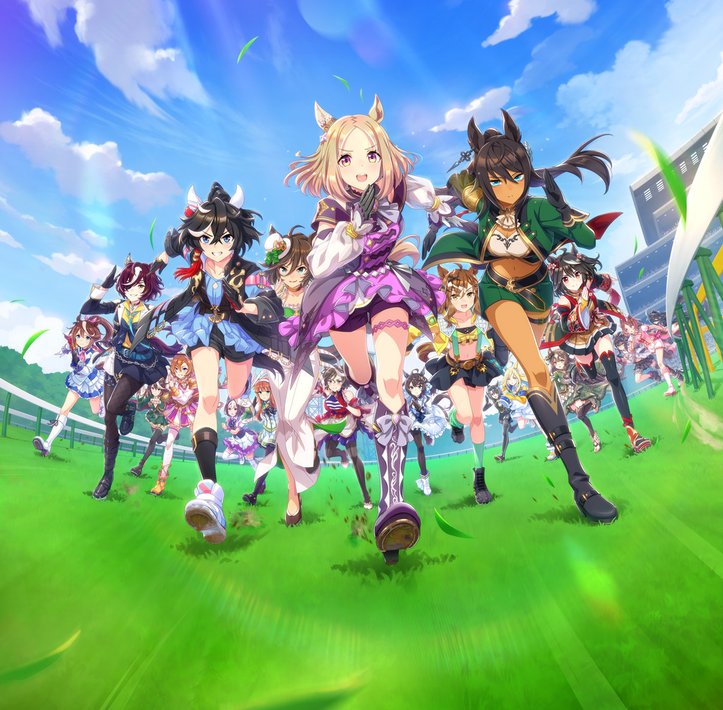 Group of anime girls in racing outfits standing on green field with blue sky background