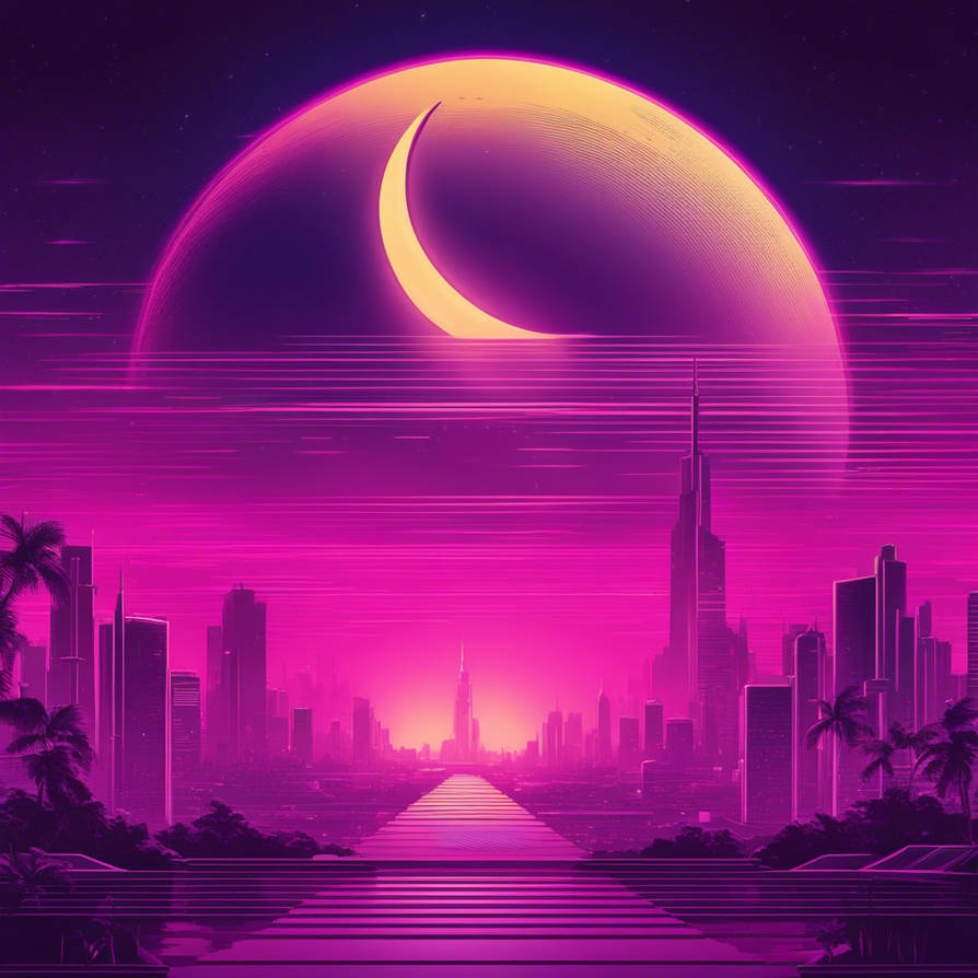Neon futuristic city skyline beneath a giant crescent planet in a vaporwave sci-fi landscape