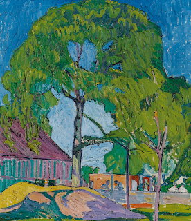Expressionist painting of a green tree beside village houses with vibrant colors and thick brushstrokes