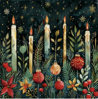 Lit candles with Christmas ornaments, pine branches, poinsettias and snowflakes on dark green background