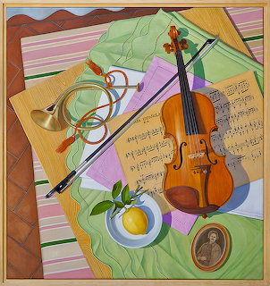 Painted still life with violin, horn, flute, sheet music, lemon, and small portrait