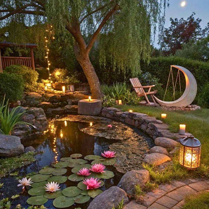 Evening garden pond with pink water lilies, decorative lights, crescent moon chair, and willow tree