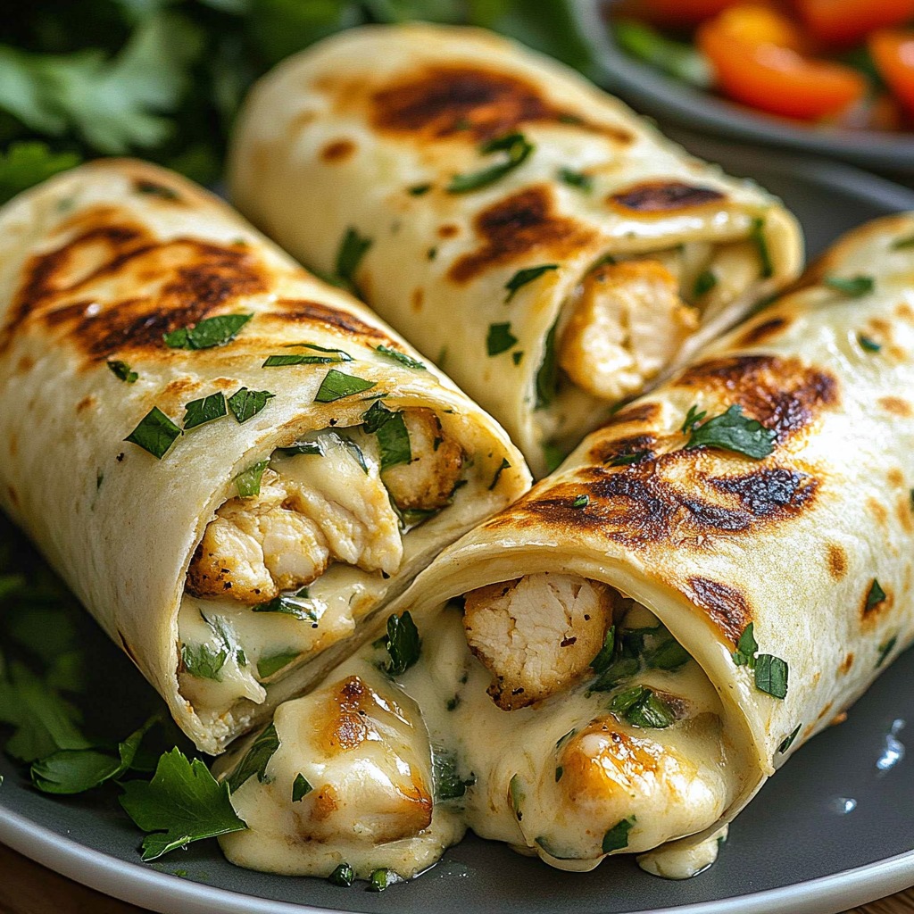 Three grilled tortilla wraps filled with shrimp and herbs on a dark plate with garnish