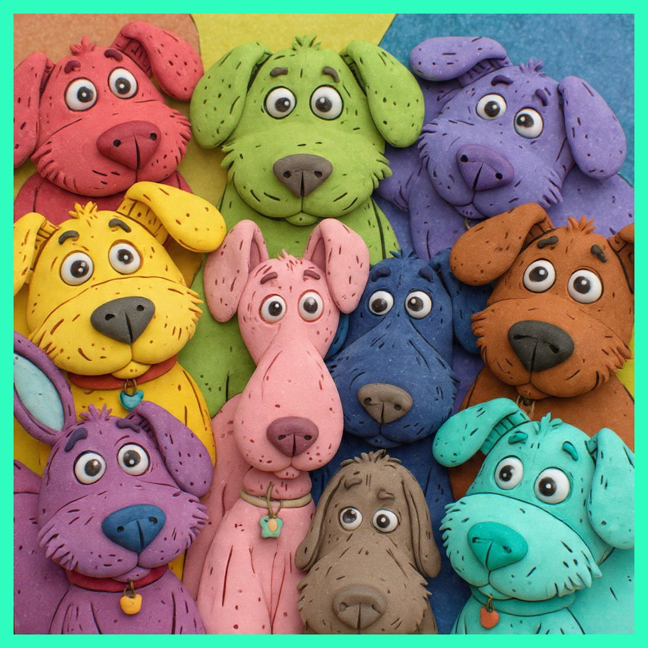 Grid of ten colorful cartoon dog faces in bright rainbow hues with large expressive eyes
