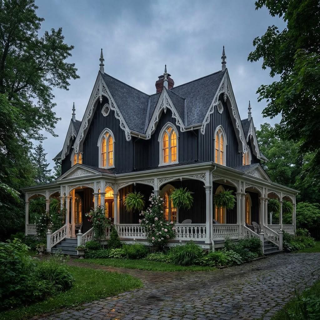 Victorian Gothic mansion with dark siding, pointed gables, and illuminated windows framed by trees at twilight