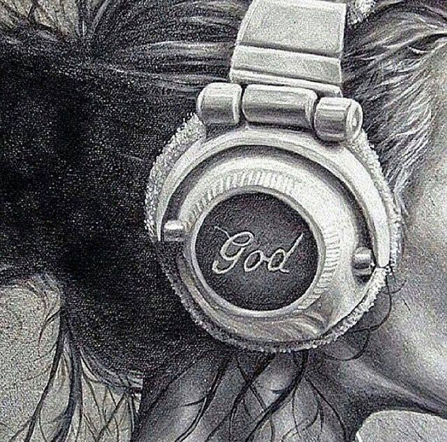 Grayscale pencil drawing of headphones on a person's head with detailed hair and shading