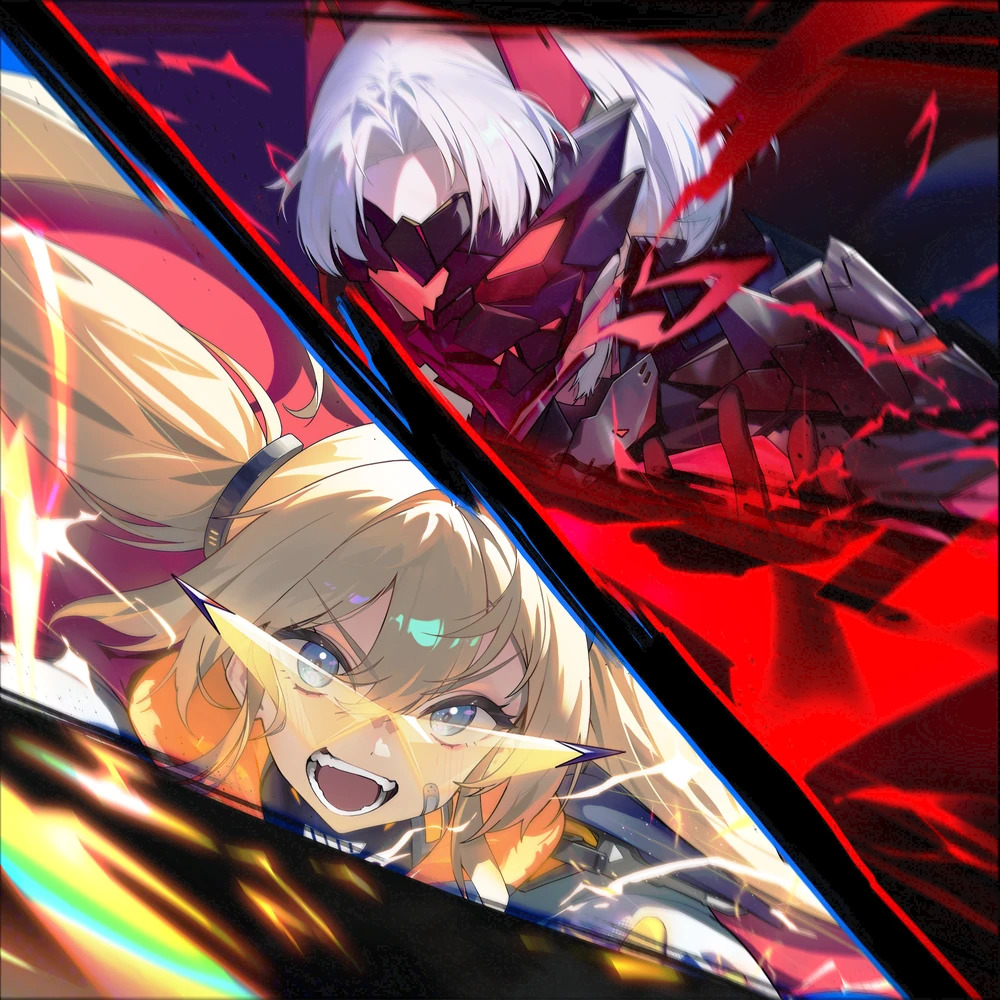 Two anime characters split diagonally, one with white hair in red tones, one blonde in yellow tones, dramatic action scene