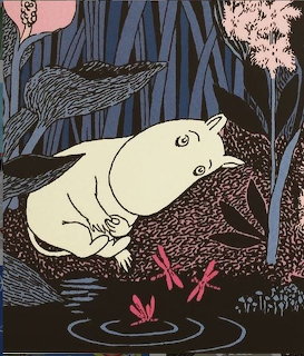 Illustration of Moomintroll lying by a pond watching pink dragonflies, with dark blue reeds in background