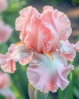 Close-up of a pink bearded iris flower with ruffled petals and orange beard details